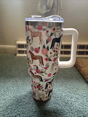 Insulated Horse & Floral Travel Tumbler - White